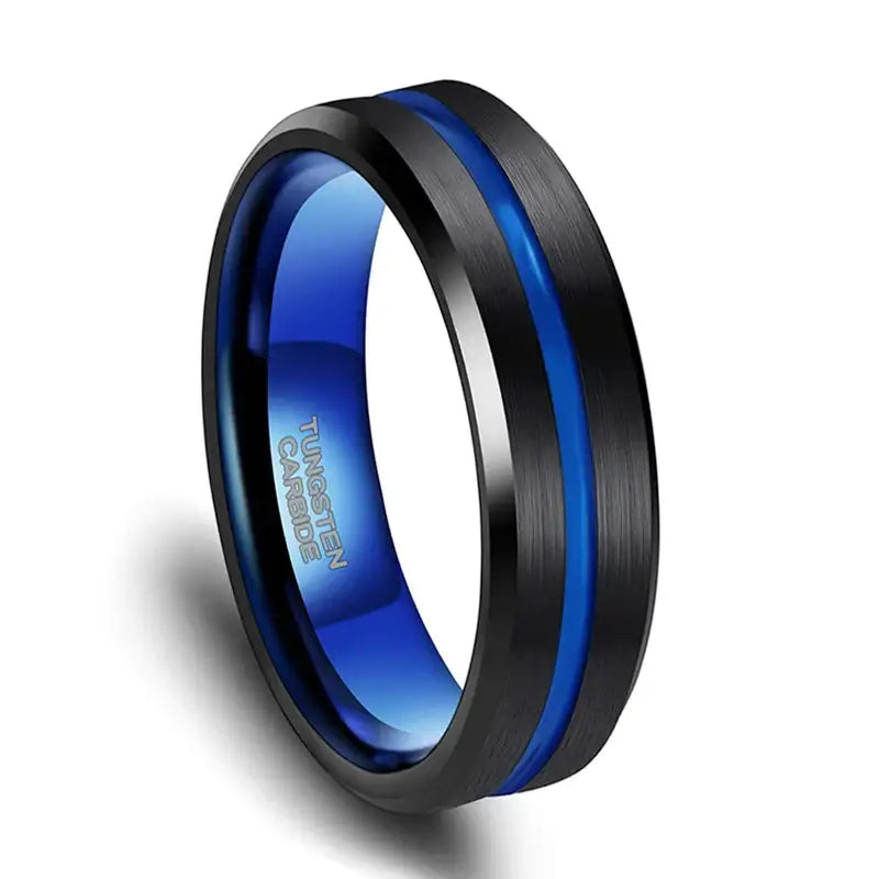 Black and Blue Tungsten Mens Ring - 6mm / 16.5 - rings