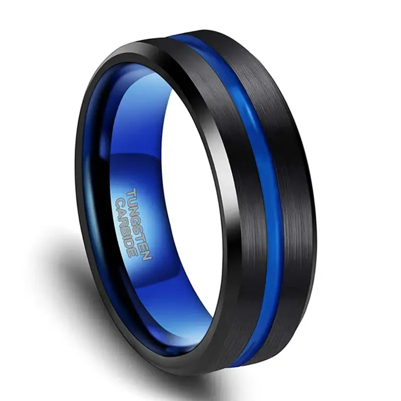 Black and Blue Tungsten Mens Ring - 8mm / 15.5 - rings