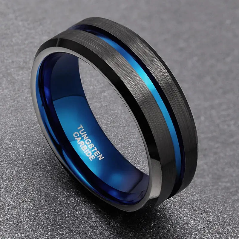 Black and Blue Tungsten Mens Ring - rings