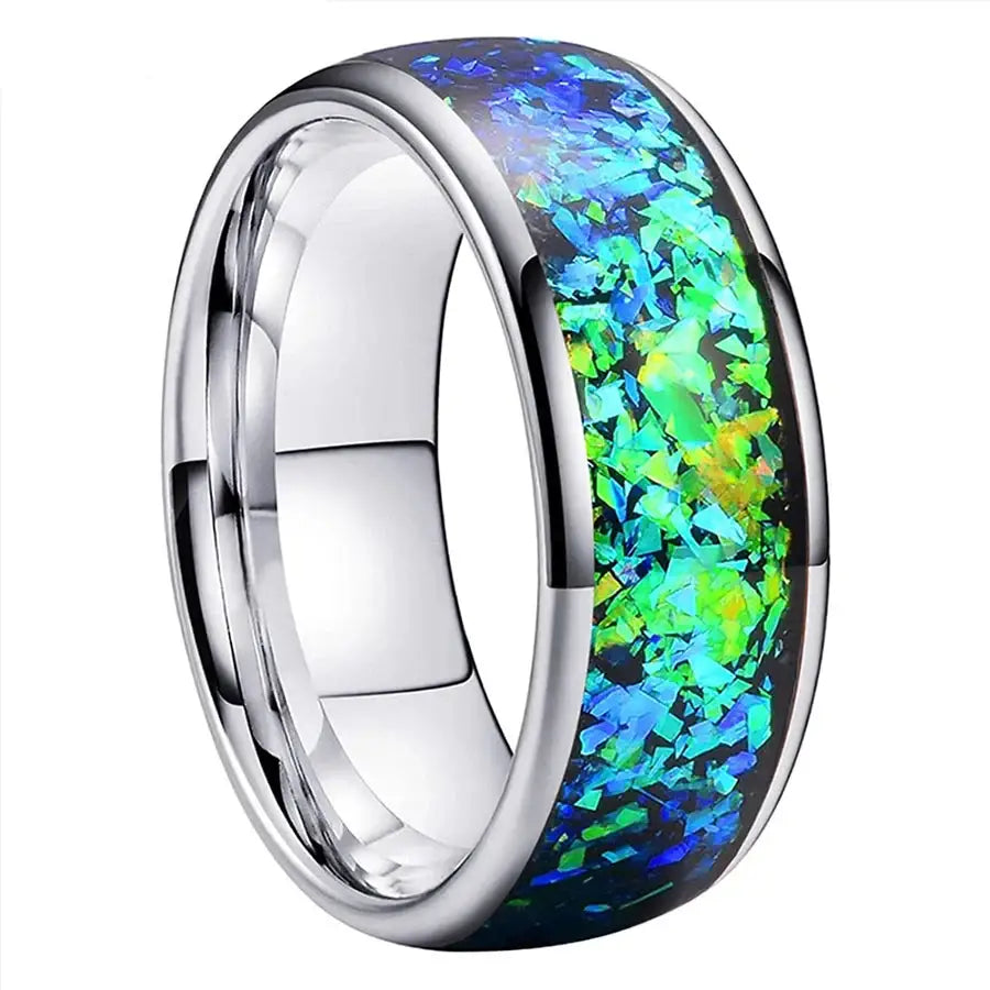 Blue Opal Tungsten Ring - 8mm Silver / Blue Opal / 15 - rings