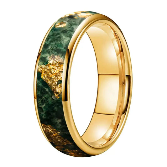 Moss Agate Tungsten Ring - Gold Color 6MM / 8 - rings