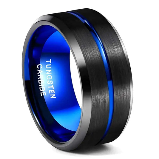 Black and Blue Tungsten Mens Ring - 10mm / 16.5 - rings