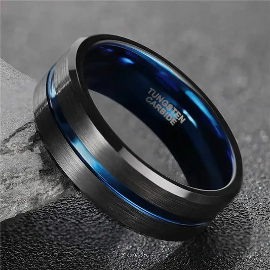 Black and Blue Tungsten Mens Ring - rings
