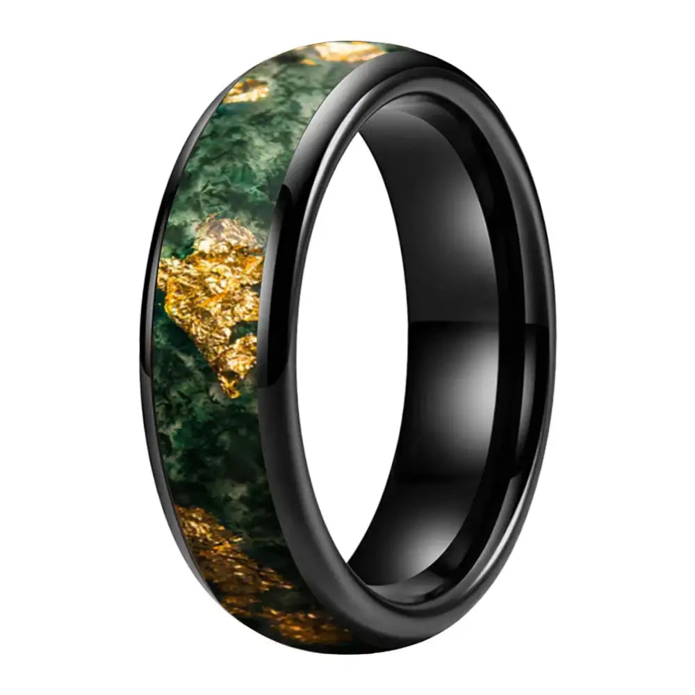 Moss Agate Tungsten Ring - Black Color 6MM / 8 - rings