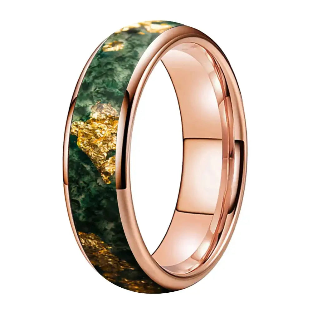 Moss Agate Tungsten Ring - Rose Gold Color 6MM / 8 - rings
