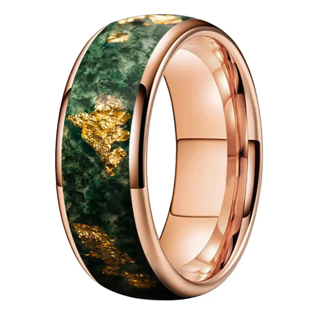 Moss Agate Tungsten Ring - Rose Gold Color 8MM / 8 - rings