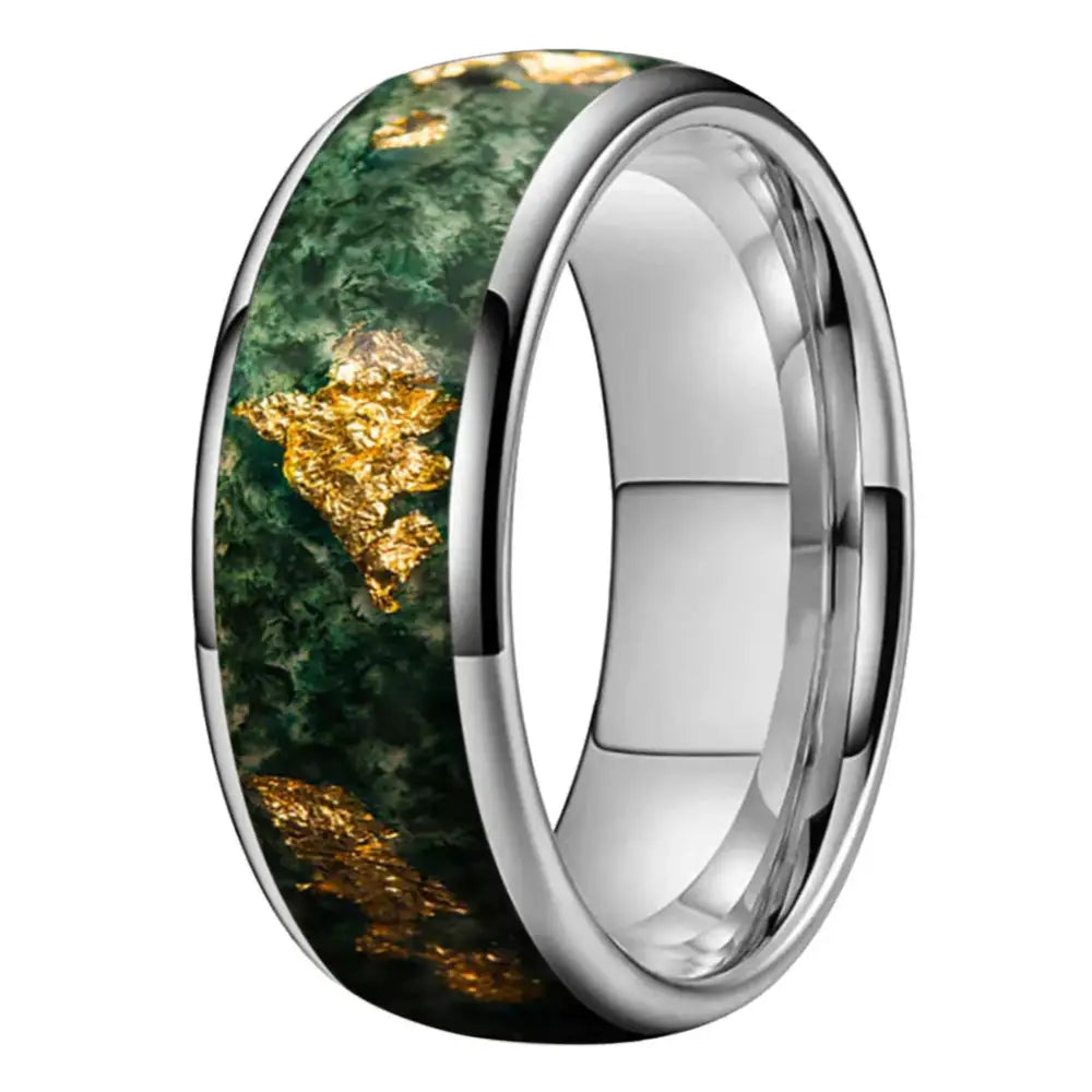 Moss Agate Tungsten Ring - Silver Color 8MM / 8 - rings